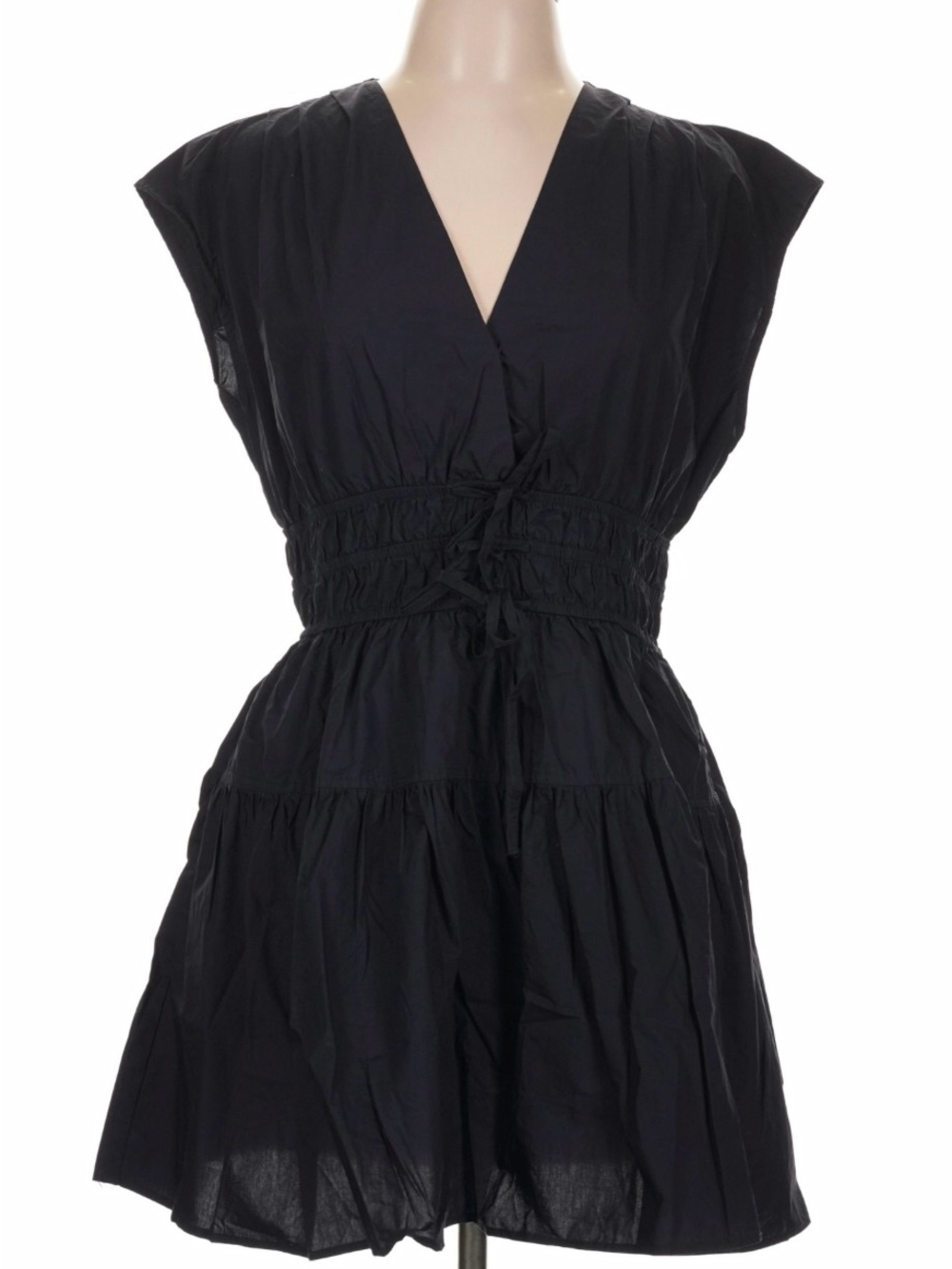 Nicole Miller 100% Cotton Navy V-Neck Smocked Waist Dress with Pockets